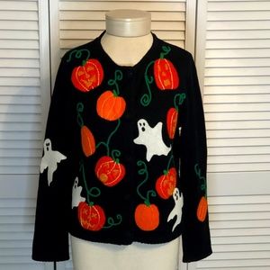 Vintage Hallween Sweater Appliquéd/Beaded Pumpkins & Ghost by Emma Tricot Size S